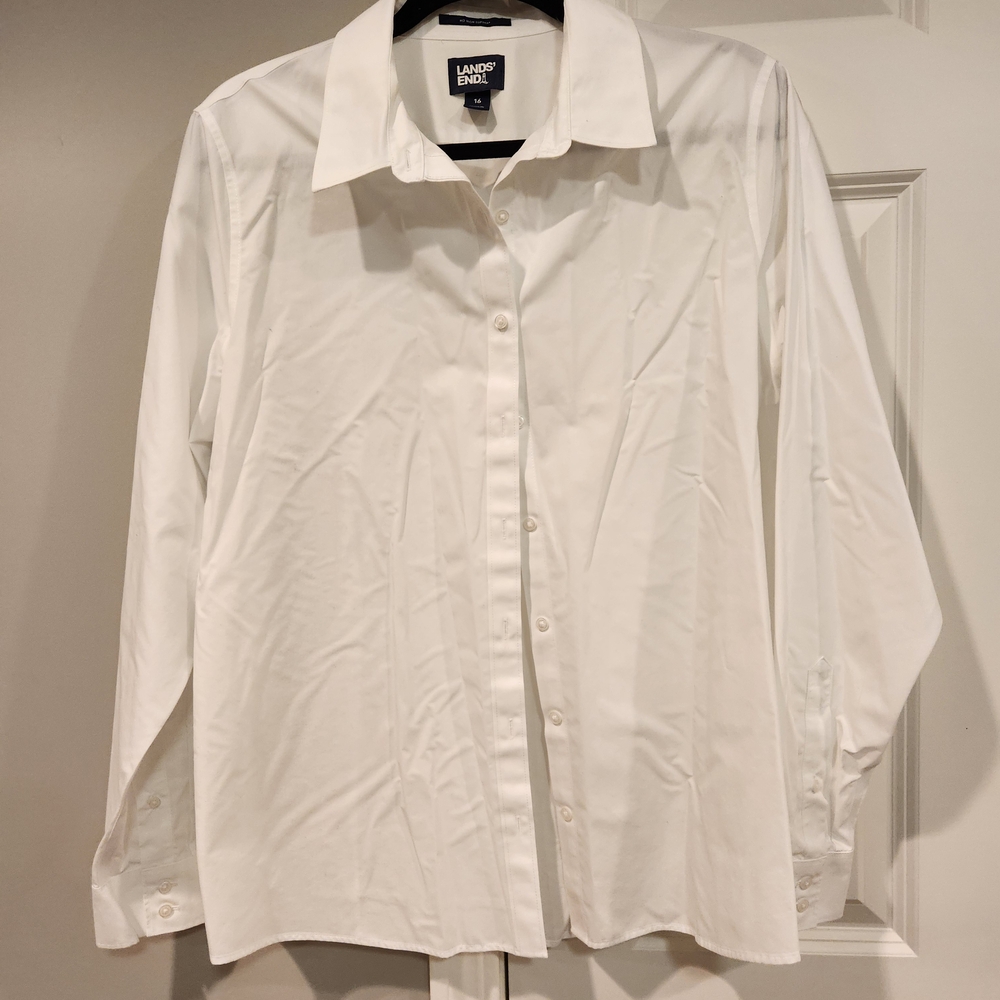 Lands' End Women's White Long-Sleeve Button-Up Dress Shirt - Size 16